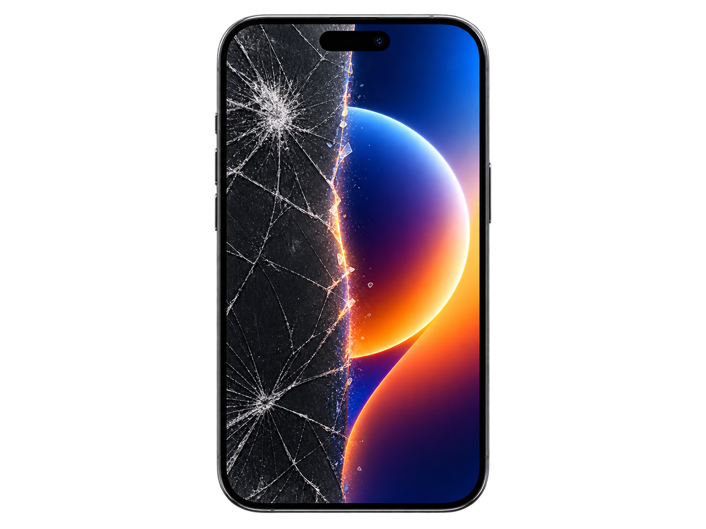 Smartphone com a tela dividida entre uma condição danificada e outra perfeita
