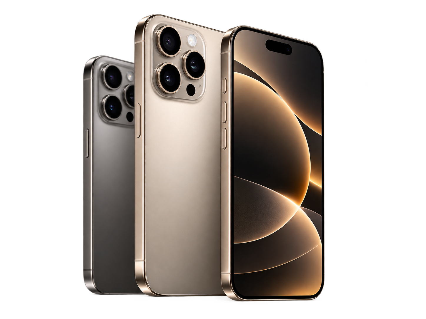 Três smartphones dispostos em diferentes ângulos sobre fundo claro